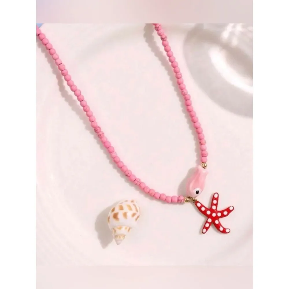 Pink Beaded Starfish Necklace A1891